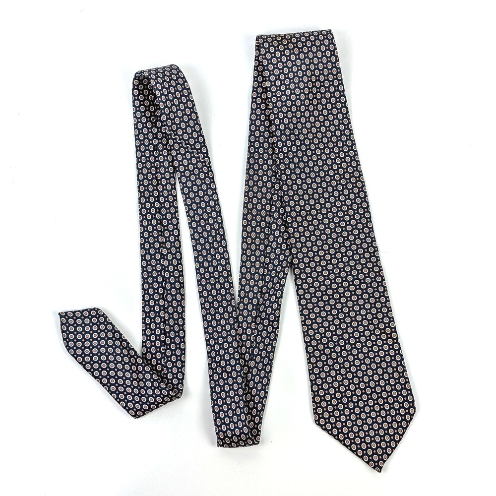 Gianni Butti Italy Silk Necktie Navy Blue Tan Geometric Medallion 58 In